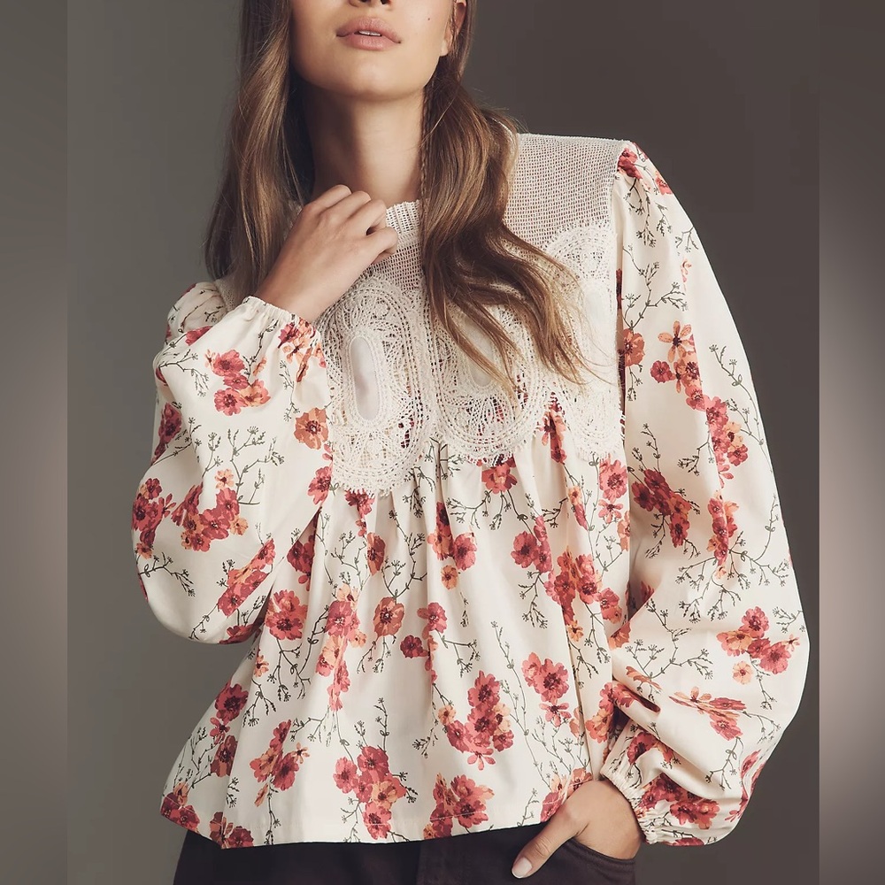 Anthropologie The Iris Long-Sleeve Lace Poplin Blouse by En Elly Medium Floral